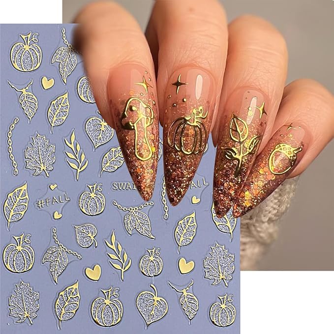 Fall Nail Art Stickers, Gold Maple Leaves Nail Decals 3D Self-Adhesive with Pumpkin Maple Leavers Design Gold Fall Nails Stickers 6Pcs Glitter Nail Art Supplies for Women Nail Decoration