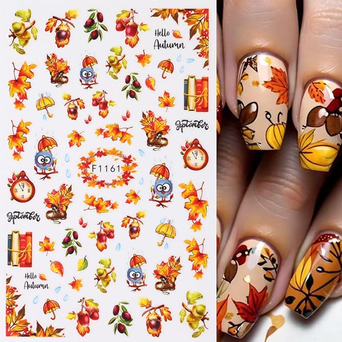 6 Sheets Fall Nail Stickers for Nail Art Thanksgiving Maple Leaf Nail Art Stickers Decals Autumn Pumpkins Mushroom Nails Decorations 3D Self-Adhesive Maple Leaves Nails Design Stickers for Women Decor