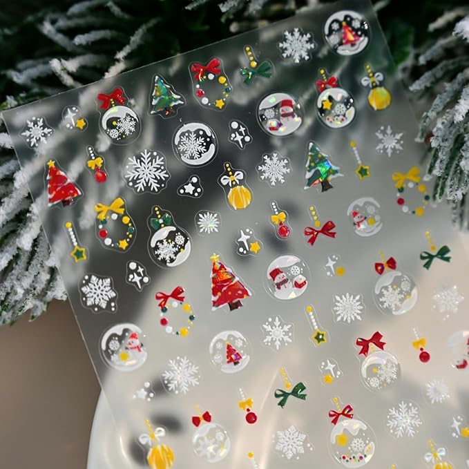 5D Embossed Christmas Nail Sticker Snowman Xmas Tree Snowflake Wreath Nail Art Sticker Self Adhesive Nail Decals for Women Girls Winter Holiday Manicure DIY Nails Supplies