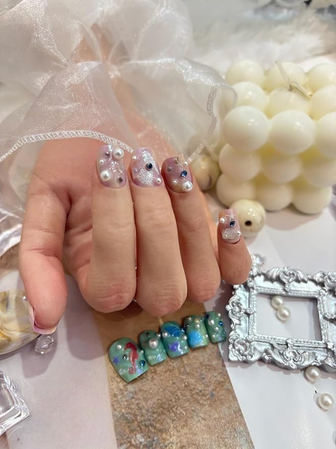 Summer Ocean Style 5D Embossed Dream Shell Starfish Jellyfish Beach Nail Stickers - DIY Nail Art Decorations for Summer Vacation A Set of 3 Sheets