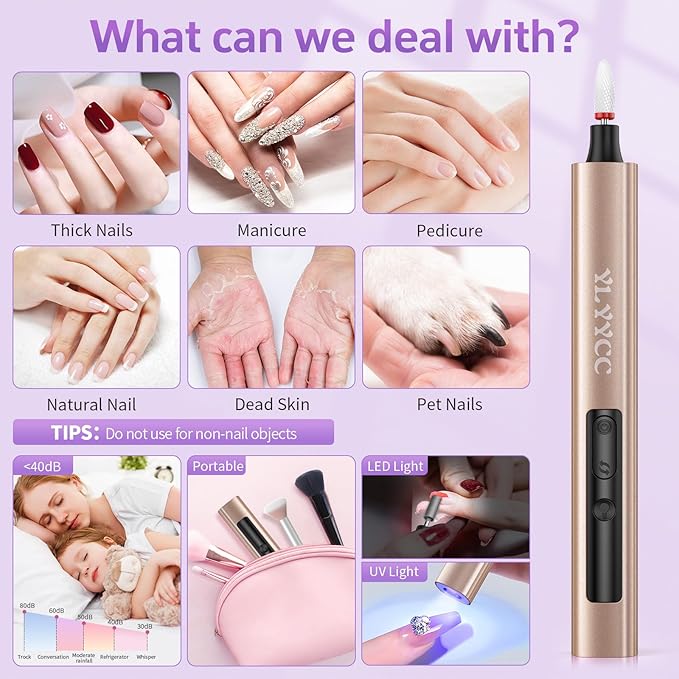 Cordless Nail Drill Electric Nail File with UV Lamp:Professional for Acrylic Gel Dip Powder Nails Portable Nail Kit Machine Tools for Women Girl Manicure Pedicure Set Rechargeable Lightweight