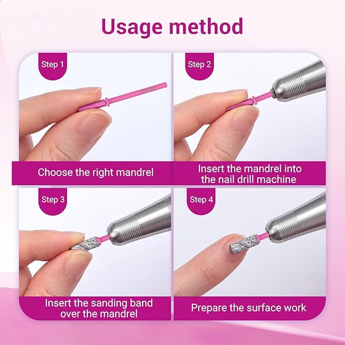 AIRSEE 3.1mm Small Nail Drill Mandrel Bits for Mini Efile Sanding Bands, Stainless Steel Professional Electric Head Clean Remove Cuticle Removing, Acrylic Manicure Sander Safety (Pistil Pink)