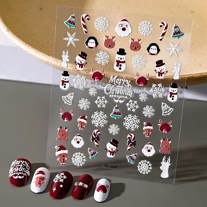 Christmas Nail Art Stickers - 5D Embossed Xmas Nail Decals with Snowflake, Santa Claus, Snowman & Elk Designs for Women & Girls' Winter Holiday Manicure