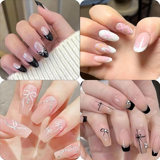 6Sheets Star Bow Nail Stickers 3D Self Adhesive Black White Pink Bows Heart Nail Decals Lace French Tip Nails Art Stickers Cute Bow Charms Sticker Star Nails Design Supplies for Women Girls Manicure
