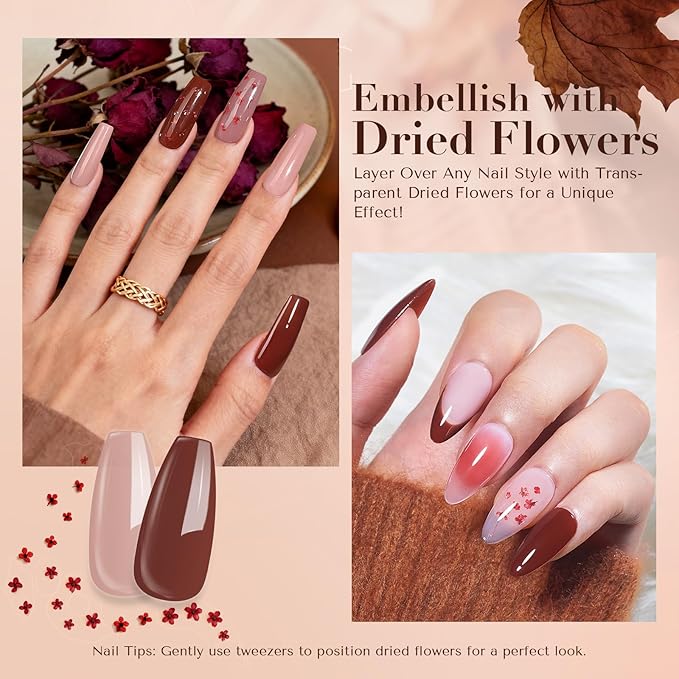 AZUREBEAUTY Dip Powder Nail Kit, 4 Colors Nude Dark Brown with Dried Flower Set, Fall Winter Natural Dipping Powder Starter Liquid Set Recycling Tray with Base & Top Coat Activator ﻿