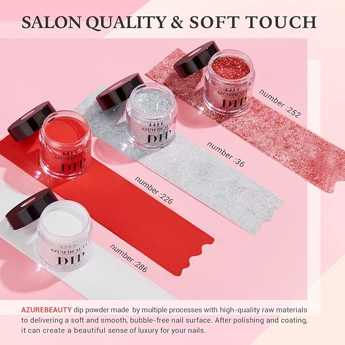 AZUREBEAUTY Dip Powder Nail Starter Kit Berry Red Milky White Silver Glitter, 4 Colors Dipping Powder Set, French Nail Art Base Top Coat Activator Essential Liquid Manicure No Lamp Needed Salon