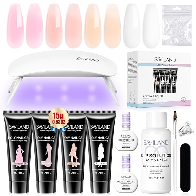SAVILAND Poly Gel Nail Kit Starter: 4 Colors Natural Clear Poli Gel Para Uñas with Mini U V/LED Lamp Slip Solution Quick Dry Nourish Nails 28 Days Durable for Gifts Daily Nail Art DIY Salon Home Use