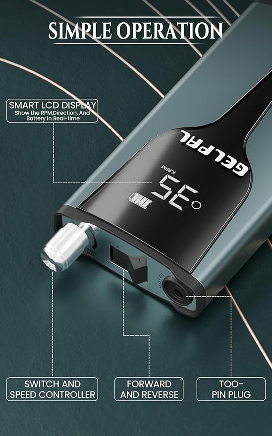 Rechargeable Nail Drill - Brushless Motor - Electric Nail Drill for Acrylic Nails Professional,35000RPM Electric Nail File,Cordless for Home Salon, Low Noise, Low Heat, Blue Grey