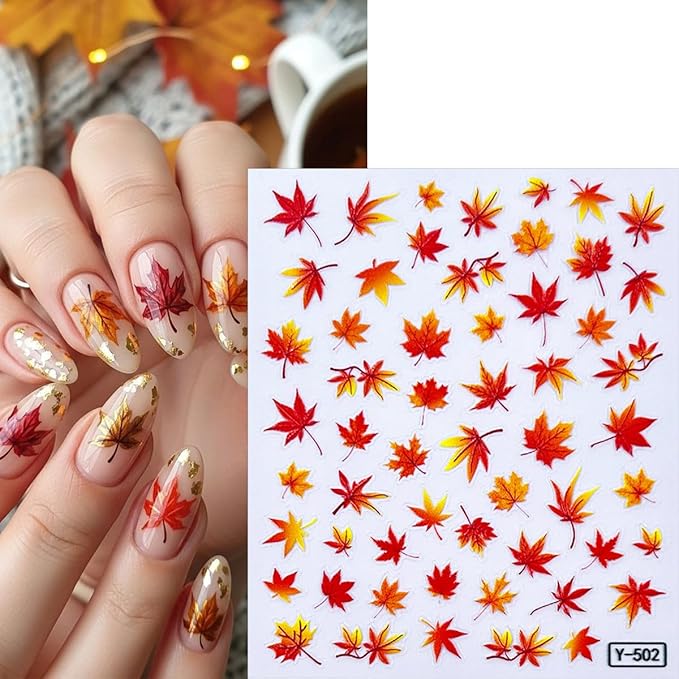 6 Sheets Fall Nail Stickers 5D Embossed Autumn Maple Leaf Nail Art Decals Thanksgiving Pumpkins, Fox, Squirrel, Ginkgo Leaf Design Self-Adhesive Fall Stickers for Nails DIY Manicure Supplies