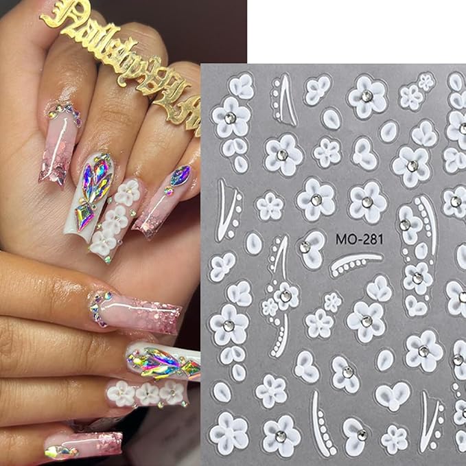 6Sheets Hibiscus Flower Nail Stickers, 3D Self-Adhesive Nails with Luxury Rhinestones - Blue Pink Nail Set Supplies for Women