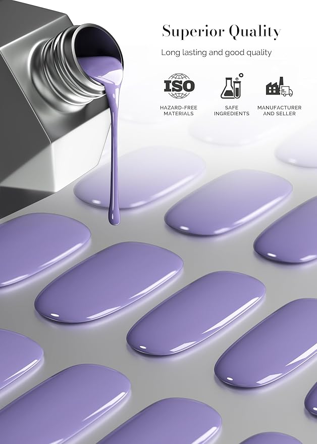 MelodySusie 30PCS Semi Cured Gel Nail Strips, Purple, Salon Quality, Long Lasting, Easy to Apply and Remove, Includes 2 Prep Pads, Nail File and Wooden Stick
