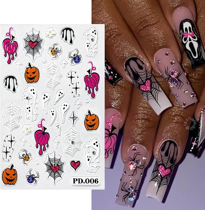 Halloween Embossed Nail Art Stickers -5D Cute Ghost Nail Decals for Nail Art Skull Spider Web Pumpkin with Rhinestones Design Self-Adhesive Nail Art Supplies Halloween Nail Decoration 4 Sheets