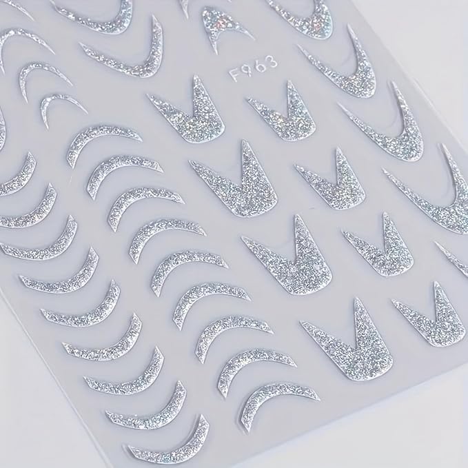 6 Sheets 3D Self-Adhesive French Tip Nail Art Stickers Decals Silver Glitter Nail Stickers Sparkly Nail Decorations Decals Curved Lines Nails Art Designs for Women DIY Nail Art Accessories