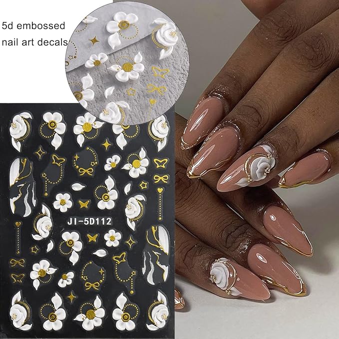 Acrylic Flowers for Nails 4 Sheets 5D Embossed Floral Nail Decals Colorful Flowers Nail Stickers, Gold Strip Lines Swirls French Tip Nail Stickers, Daisy Butterfly Stickers Pegatinas Uñas