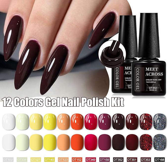 MEET ACROSS 12PCS Gel Nail Polish Set, 12 Colors Gel Nail Kit Art Design Soak Off UV LED,Nail Art Design Gifts for Women (Fall, 12PCS)