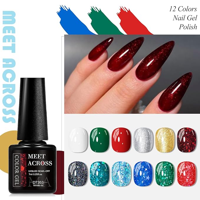 MEET ACROSS 12PCS Gel Nail Polish Set, 12 Colors Gel Nail Kit Art Design Soak Off UV LED,Nail Art Design Gifts for Women (Red Green, 12PCS)