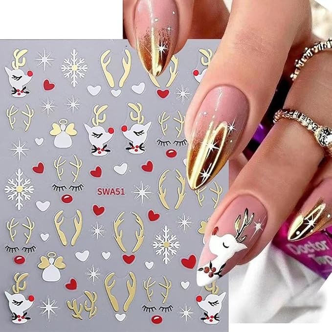 4 Sheets Christmas Nail Art Stickers White Elk Nail Decals with Xmas Snowflake Gold Silver Antlers Design 3D Self-Adhesive Nail Stickers Acrylic Nail Supplies for Women DIY Christmas Decorations
