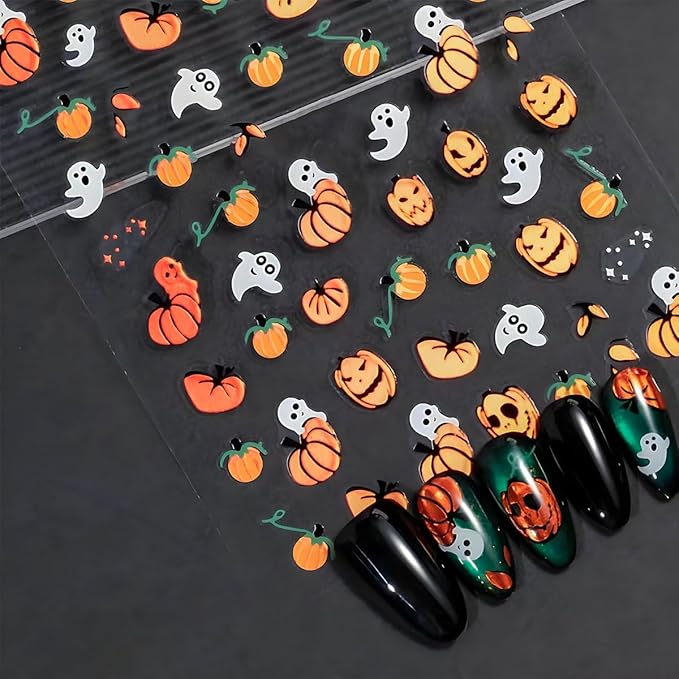 12Pcs Halloween Nail Stickers - Halloween Nail Decals - 3D Self-Adhesive Ghosts Pumpkin Spider Web Nail Design Decorations for Halloweens DIY Manicure Supplies - Nail Art Decorations Accessories