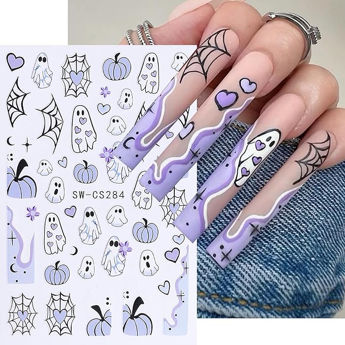 5 Pcs Halloween Nail Art Stickers,3D Self-Adhesive Nail Decals Spider Webs Cute Ghost with Designs Skull Pumpkin Nail Decorations Halloween DIY Manicure Supplies for Women Girls