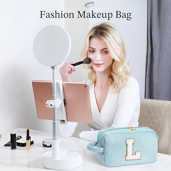 YOOLIFE Initial Makeup Bag - Personalized Cute Blue Makeup Bags, Girls Makeup Toiletry Bag Pouch, Makeup Case for Women Friend Female Sister, Birthday Gifts for Women R