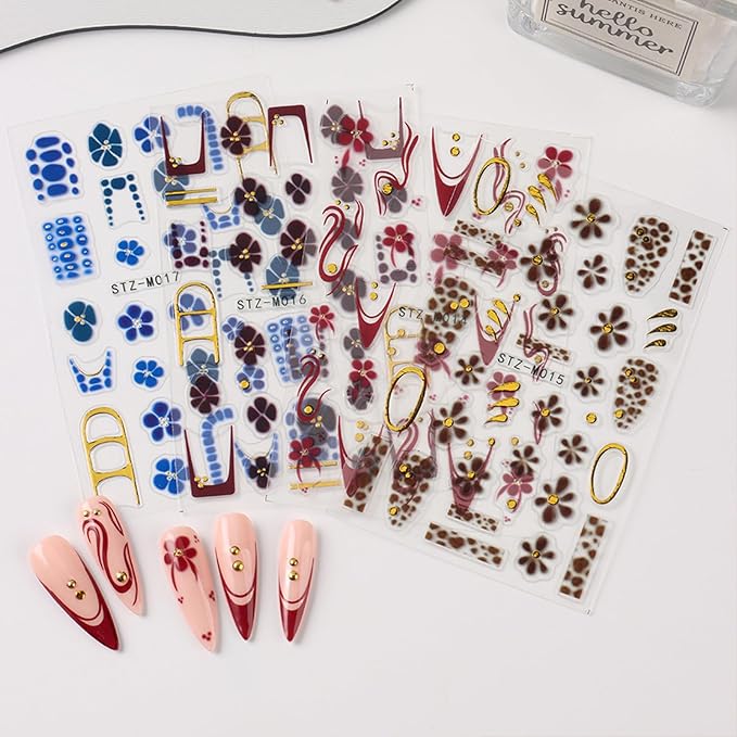 4 Sheets Flower Nail Art Stickers Decals Red Brown Blue Flowers Nail Stickers 3D Embossed Self-Adhesive French Tip Gold Line Nail Decals for Women