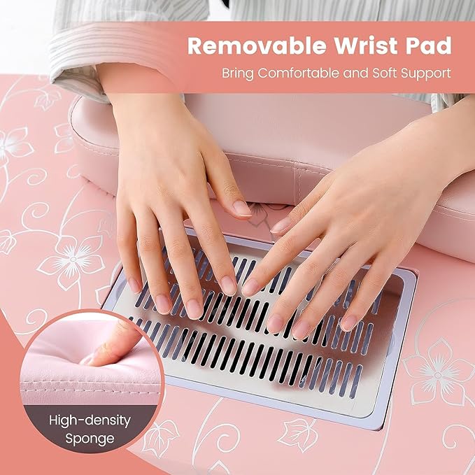GOFLAME Manicure Nail Table, Foldable Nail Technician Desk w/Electric Downdraft Vent, Bendable LED Lamp, Removable Armrest Pad, Dust Bag, Manicure Table with Lockable Wheels for Home, Salon, Pink