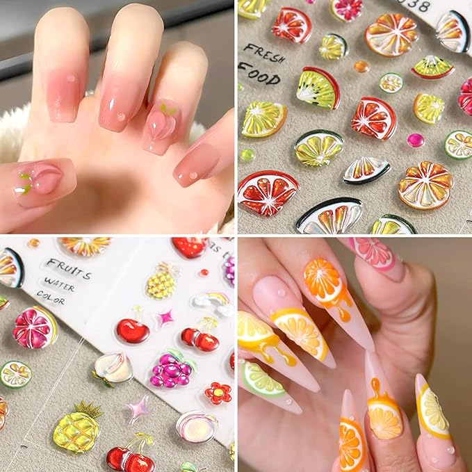 2Sheets Summer Fruit Nail Art Stickers 5D Embossed Colorful Lemon Designs Nail Decals Self-Adhesive Cute Strawberry Cherry Nail Sticker Cute Flower Star Nail Decal for Women Nails Decor Accessories