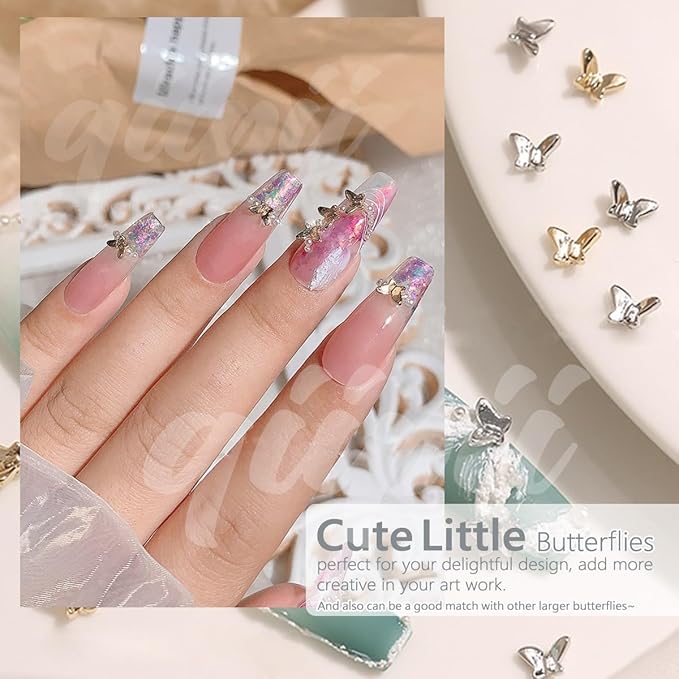 130pcs Silver 3D Butterfly Nail Charms, 10pcs Rhinestones, 120pcs Alloy Studs, Nail Art Jewels, DIY Crafts