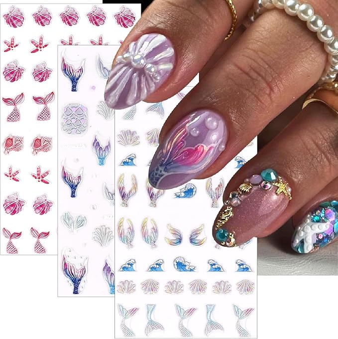 3 Sheets Summer Nail Art Stickers Ocean Style 5D Embossed Fantasy Mermaid Tail Ocean Wave Fishtail Shell Starfish Design Stickers Suitable for Women and Girls Nail Art Decoration