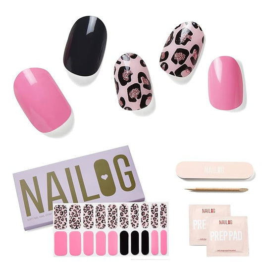 NAILOG Semi Cured Gel Nail Strips (20 Extra Long Polish Stickers/Wraps) │ Glossy & Long Lasting Soft Gel Finishing │Pink Leopard