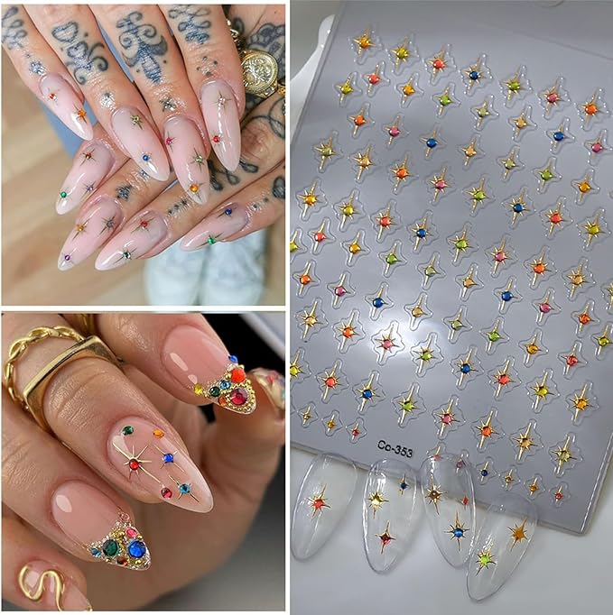 Star Nail Art Stickers, Colorful Cross Star Rhinestones Gold + Jelly Nail Design Shiny Mini Stars Nail Art Supplies 5D Relief Self Adhesive Decor Sticker DIY French Manicure Decal for Women
