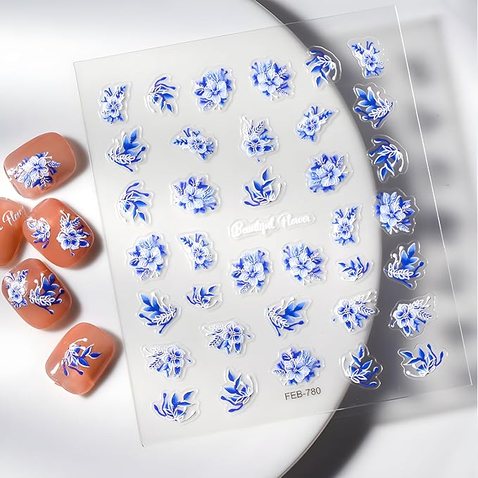 5D Embossed Flowers Nail Stickers for Nail Art Self Adhesive Blue White Flowers Nail Decals Spring Summer Nail Art Stickers Decoration Accessories for Women and Girls