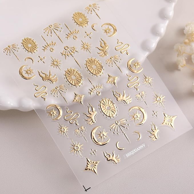 Gold Snake Nail Art Stickers 5D Self-Adhesive Embossed Moon Sun Pattern Design Nail Decals Retro Gilded Snake Nail Supplies for Women Girls DIY Summer Manicure Decoration Exquisite Cardboard 1 Sheet