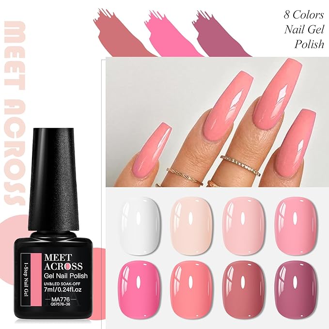 MEET ACROSS 1 Step Gel Polish Set Nail Art Manicure 3 in 1 Gel Kit Soak Off LED Gel Nail Varnishes No Need base gel top coat (Set-6, 8PCS)
