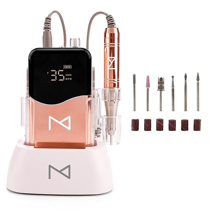 M Mase- Professional Nail Drill Machine - Coreless 2-in-1 Nail File - Electric, Cordless, 35000 RPM, HD Display - Electric Nail Drill for Professional & Home Use (Metallic Gold)
