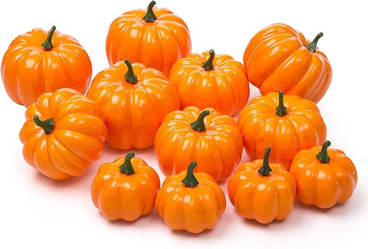 Ogrmar 12 Pack Artificial Assorted Pumpkins, Mini Fake Pumpkins Artificial Vegetables for Halloween,Harvest Thanksgiving Party Decor(Orange)