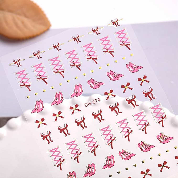 Bow Heart Nail Stickers Christmas Nail Art Stickers Holiday Pink Hearts Curve Line Nail Decals Valentines DIY Nails Design Sticker Xmas French Nail Decoration for Women Manicure Accessories 5Pcs