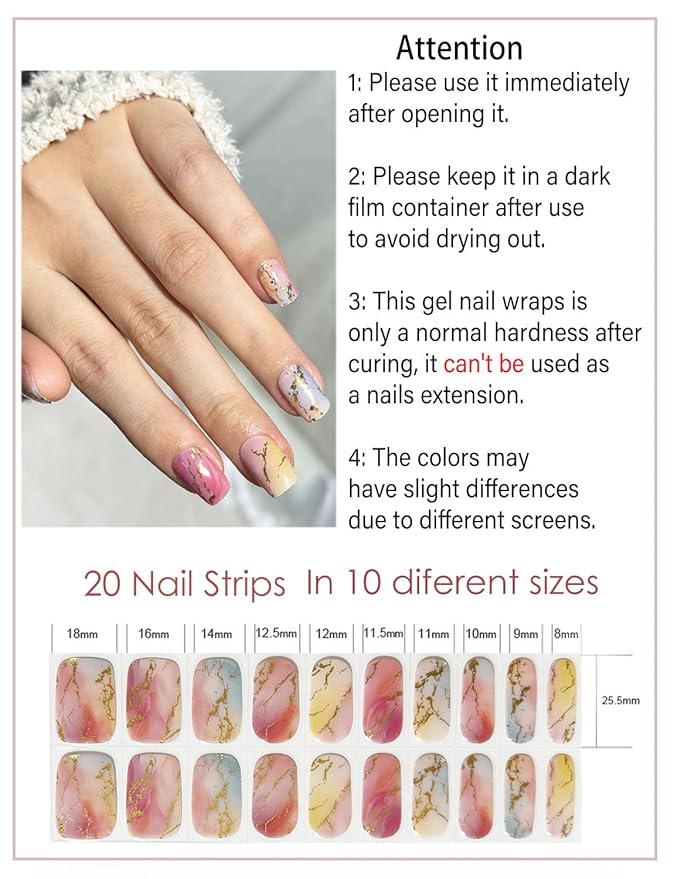 Semi Cured Gel Nail Strips, 20pcs UV Gel Nail Wraps, Marble G Line