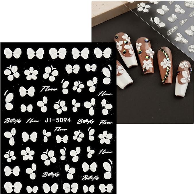 JMEOWIO 6 Sheets 3D Embossed Flower Butterfly Nail Art Stickers Decals Self-Adhesive Pegatinas Uñas 5D White Spring Floral Nail Supplies Nail Art Design Decoration Accessories