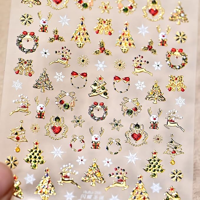 Christmas 5D Embossed Nail Art Stickers Gold Xmas Trees Nail Decals Self Adhesive Snowflake Bell Reindeer Snowman Nail Stickers Xmas Holiday Gift Nail Design Stickers Elk Nail Art Supplies for Women