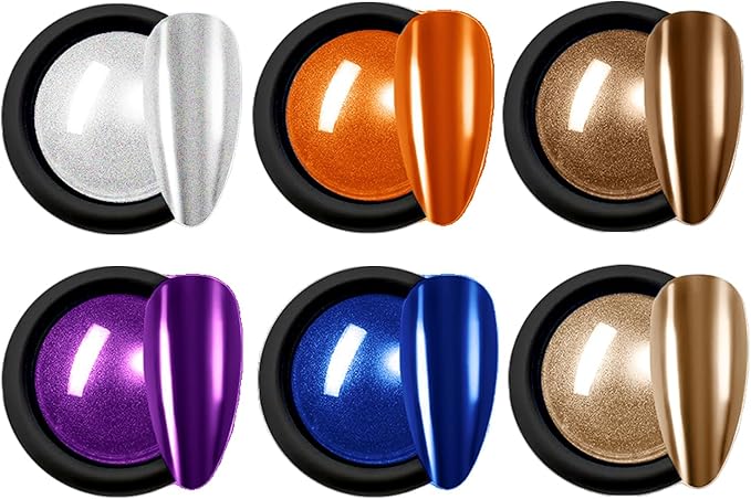 Chrome Nail Powder Luster Mirror Glitter Effect Pigment Iridescent Aurora Fairy Kit for Gel Polish Nail Art Decoration, 6 Colors Chrome Powder for Nails