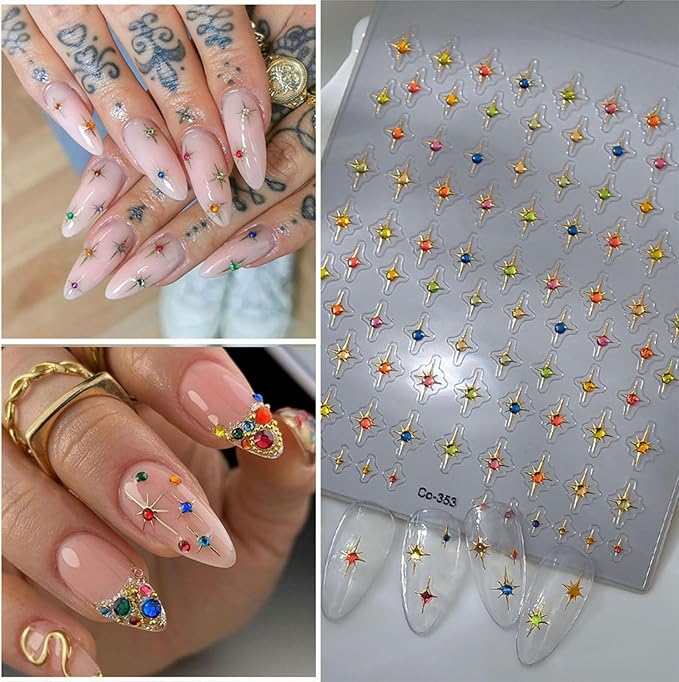 Star Nail Art Stickers Decals 5D Colorful Star Nail Stickers Embossed Nails Design Self-Adhesive for Women DIY Manicure Nails Art Decorations