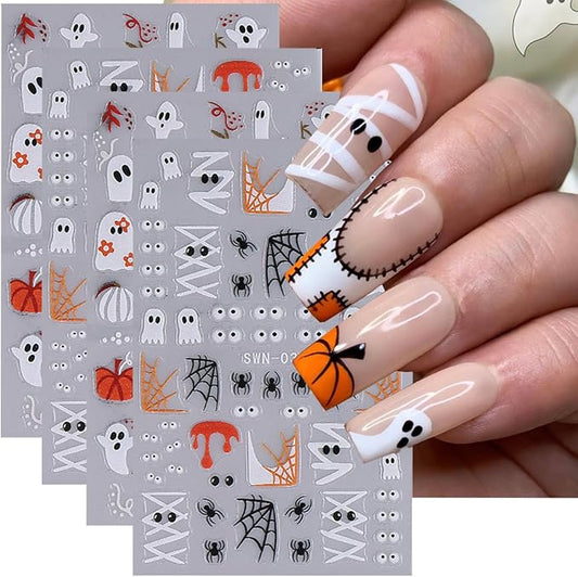 Halloween Nail Art Stickers Decals 5D Embossed Halloween Nail Decals 4PCS Ghost Bandage Eye Ball Spider Web Pumpkin Nails Design Adhesive Stickers Manicure Supply for Women DIY Nail Art Decorations