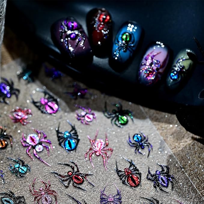 5D Embossed Spider Nail Stickers for Nail Art Halloween Nail Art Stickers Glitter Colorful Spider Nails Decals Holiday Nails Supplies for Women Halloween Acrylic Manicure Decoration Accessories 1Pcs
