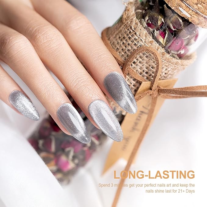 RARJSM Silver Cat Eye Gel Nail Polish 9D Cateye Galaxy Universal Glitter Shimmer Velvet Ice Gel Polish Single Bottle 15ml with Magnetic Stick UV LED Curing Requires Soak Off Home Salon DIY Manicure