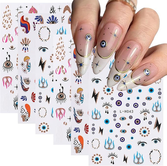 6 Sheets Goth 3D Self-Adhesive Star Flame Nail Stickers - Glitter Blue Eye Design, French Art, Holographic Decals for Women DIY Manicure