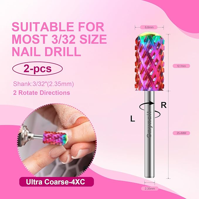3/32" 2PCS Large Barrel Smooth Round Top Tungsten Carbide Nail Drill Bit Safety Bit for Gel & Acrylic Removal, 2-Way Rotating Efile Tip, Salon Electric File Accessory (4XC Grit, Multicolor)
