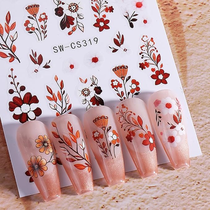 Fall Flower Nail Art Stickers Decals 3D Self-Adhesive Flower Nail Decals Nail Art Supplies 6PCS Brown Flowers Leaf Fall Winter Nails Design Manicure Sliders Accessories for Women DIY Nail Decorations