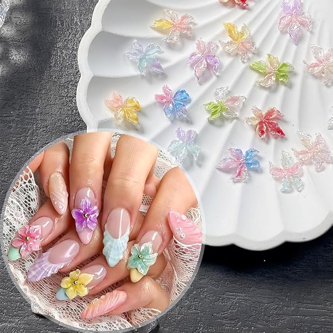 3D Crystal Flower Nail Charms, 100 Pieces Mixed Color Spring Floral Rhinestones, Hawaii Style Nail Art Decorations with Golden Beads