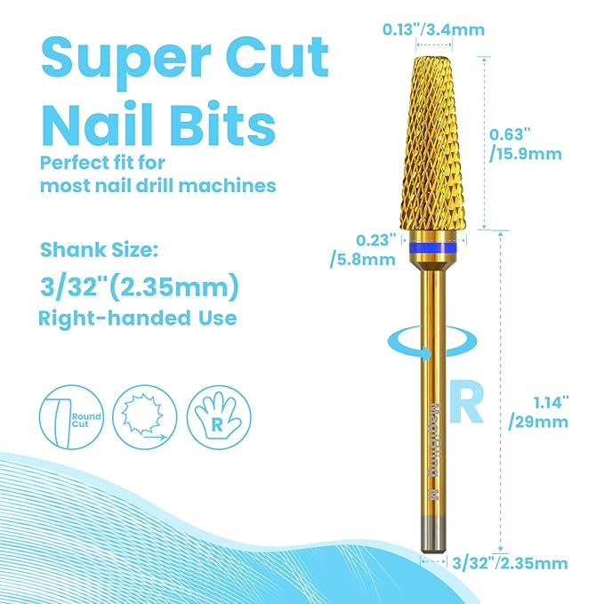 Super Cut 5 In 1 Nail Drill Bits，Tapered 3/32'' Safety Tungsten Bits, Upward Cut for Hard Gel Removal, Right Hand Use, Manicure Cuticle Gel Polishing, Technicians Bits, Gold, Medium.